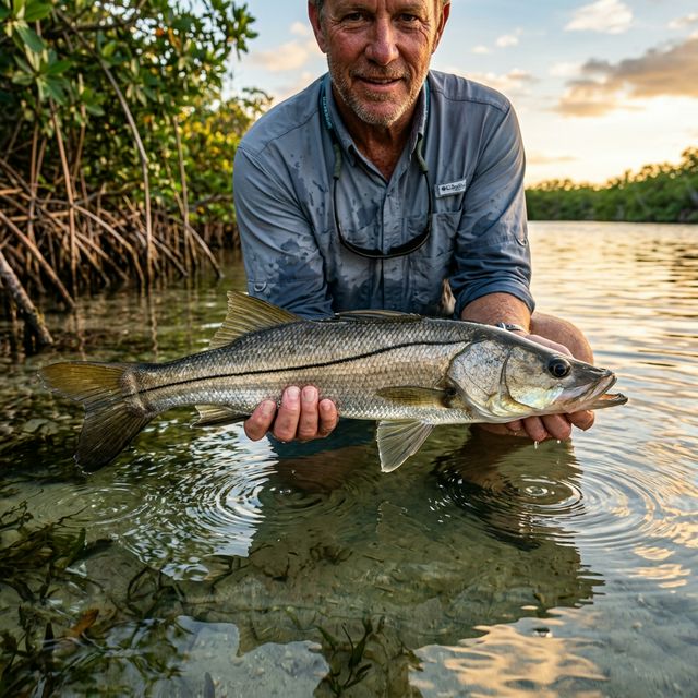 An angler holding a snook at water level in the mangroves near Sanibel Island, Florida, showing the fish's distinctive black lateral line