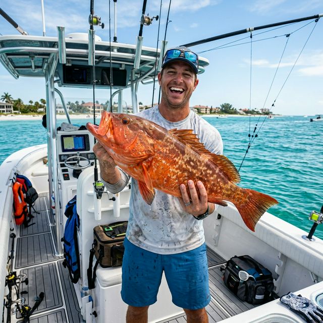An angler on a center console boat holding a large red grouper near the Florida Gulf coast