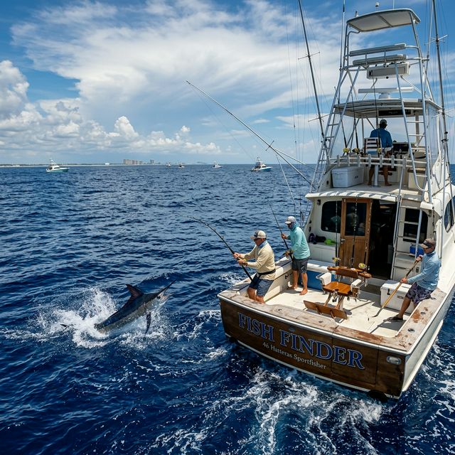 A deep sea fishing charter boat fighting a large fish offshore in the Gulf of Mexico near Destin, Florida