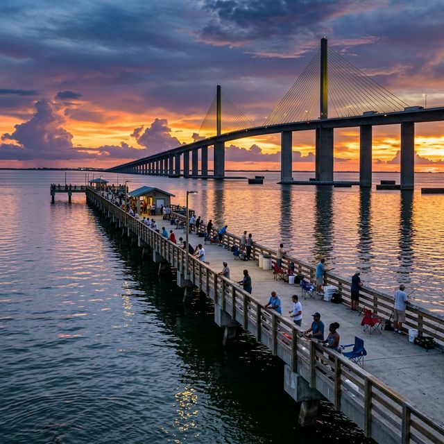 Anglers fishing at sunset from the Sunshine Skyway Fishing Pier in Tampa Bay with the Skyway Bridge in the background