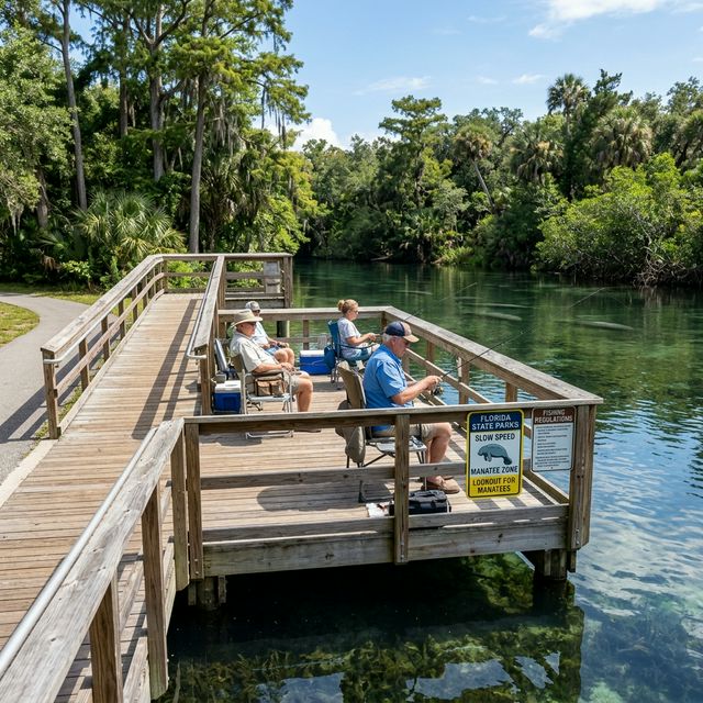 An accessible fishing pier with wheelchair ramp at a Florida state park near Crystal River with clear spring water