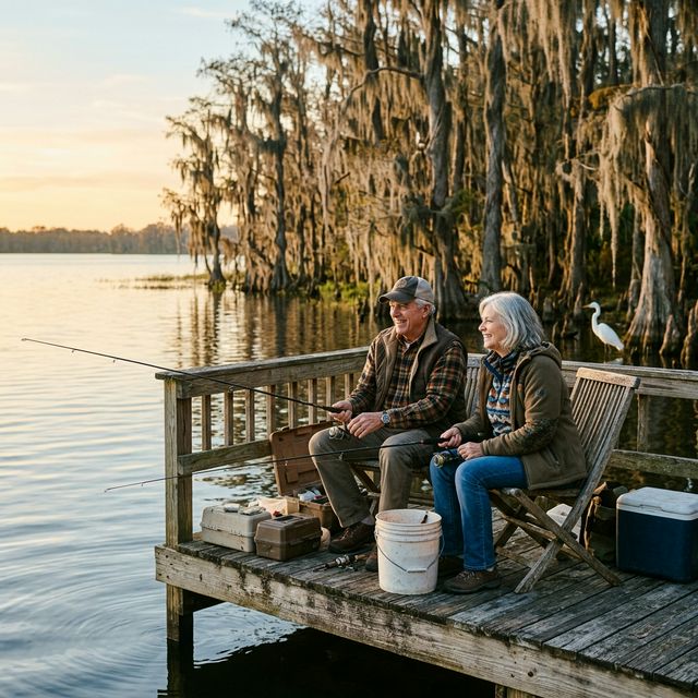 A retired couple in their late 60s fishing together from a wooden dock on a cypress-lined lake in central Florida