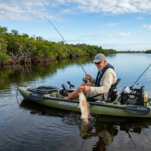 A senior man kayak fishing on the calm waters of Mosquito Lagoon near New Smyrna Beach, Florida, holding a redfish
