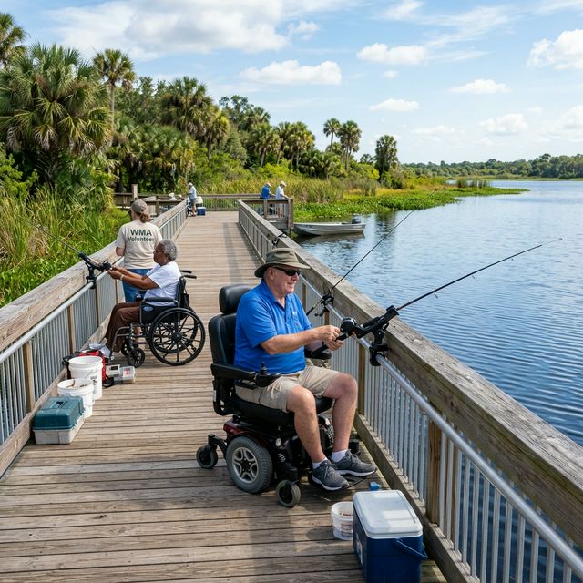 ADA-accessible fishing dock at a Florida wildlife management area with wheelchair users enjoying fishing