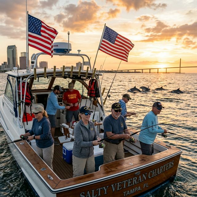 Military veterans fishing from a charter boat on Tampa Bay with American flags and the Tampa skyline at sunset