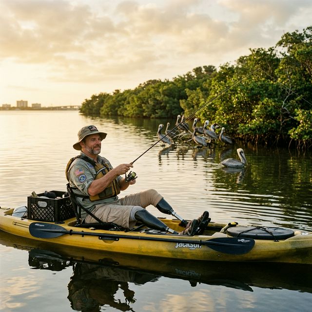 A military veteran with a prosthetic leg kayak fishing on the Indian River Lagoon near Melbourne, Florida