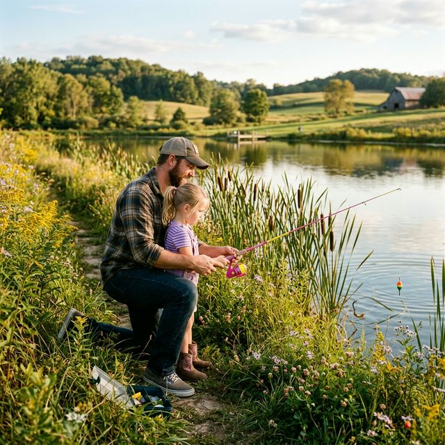 A father kneeling beside his young daughter teaching her to fish from a grassy bank at a small Indiana farm pond, with wildflowers, cattails, and a barn in the rolling Hoosier countryside background
