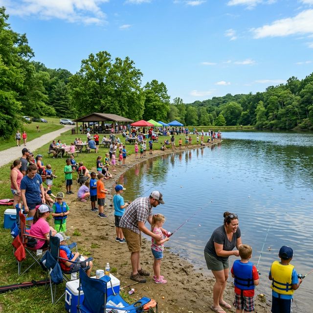 A kids fishing derby event at an Indiana state park pond with children of various ages lining the shore with fishing poles, some with parents helping, picnic tables and a grassy park setting on a bright summer day