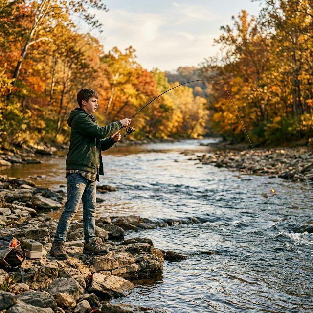 A teenage boy fishing independently from a rocky riverbank in Indiana during autumn, casting a spinning rod into a clear stream with orange and yellow foliage on both banks