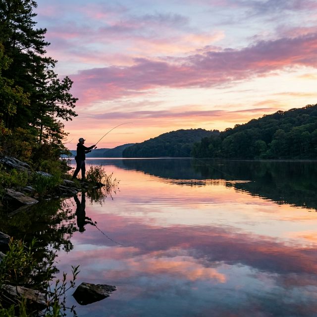 A lone angler silhouetted against a vivid pink and purple dawn sky at Brookville Lake, Indiana, casting a line into mirror-still water with wooded hills in the background