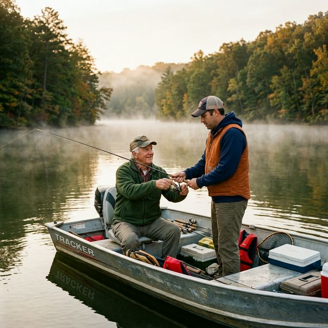 A grandfather and his adult son fishing together from a small aluminum boat at an Indiana reservoir, with morning mist rising from the water and dense hardwood forest surrounding them