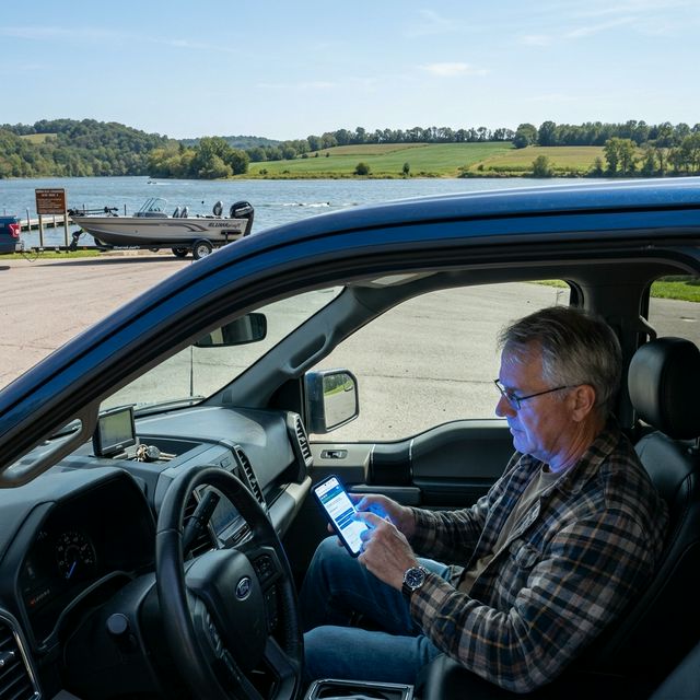 An angler checking his phone to purchase a fishing license at the Brookville Reservoir boat launch in eastern Indiana, with a bass boat on a trailer and wooded hills in the background