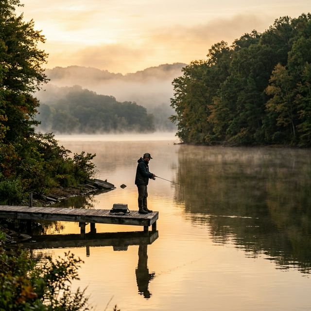 An angler casting from a dock on Lake Monroe, Indiana, at sunrise with misty hardwood hills and golden light reflecting on calm water in the Hoosier National Forest
