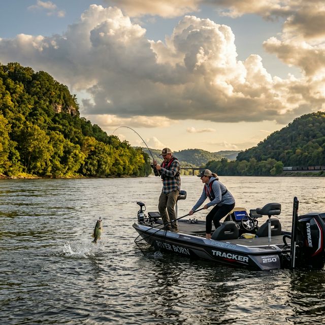 Two anglers in a bass boat fighting a fish on the Ohio River near the Indiana-Kentucky border, with forested bluffs on both sides and dramatic afternoon clouds