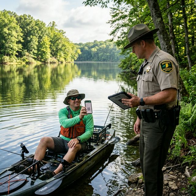 An angler on a kayak showing his phone screen to an Indiana Conservation Officer on the shore, demonstrating digital license verification on a calm lake surrounded by summer forest