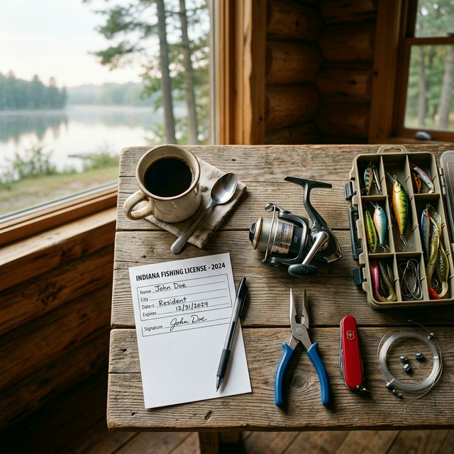 Flat-lay photo of fishing gear on a rustic wooden table including a reel, lure box, pliers, and a fishing license printed on paper, with coffee and a lake cabin window view