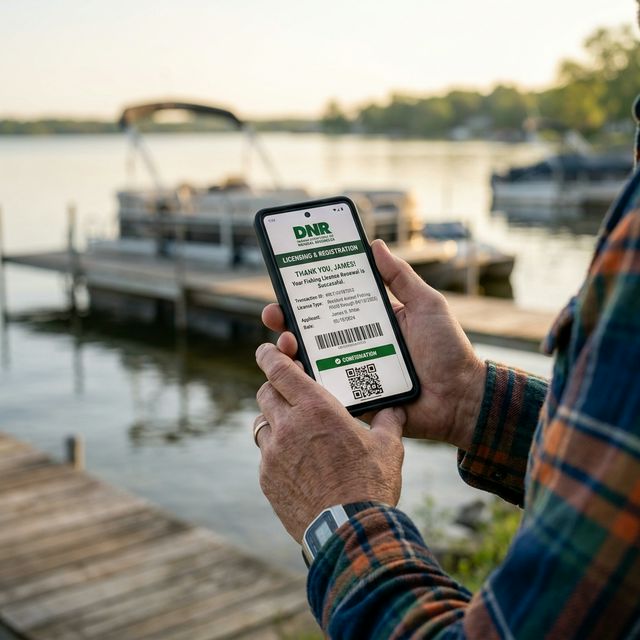A person's hands holding a smartphone showing a fishing license renewal confirmation at an Indiana lakeside dock, with boats and morning light in the blurred background