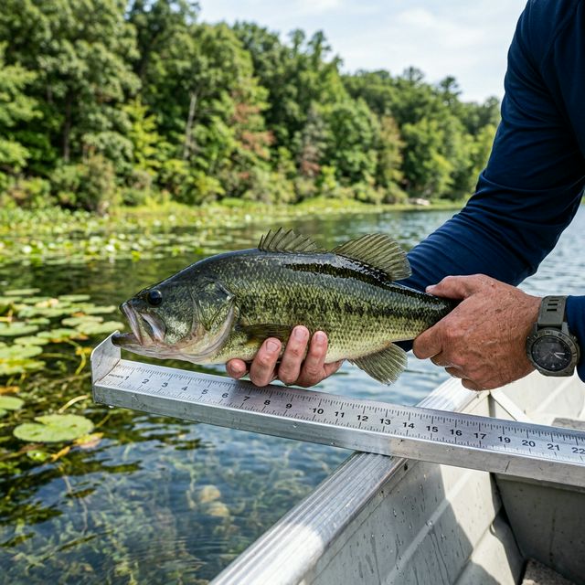 Close-up of an angler's hands measuring a largemouth bass against a ruler at the side of a boat on an Indiana reservoir, with lily pads and oak-forested shoreline in background