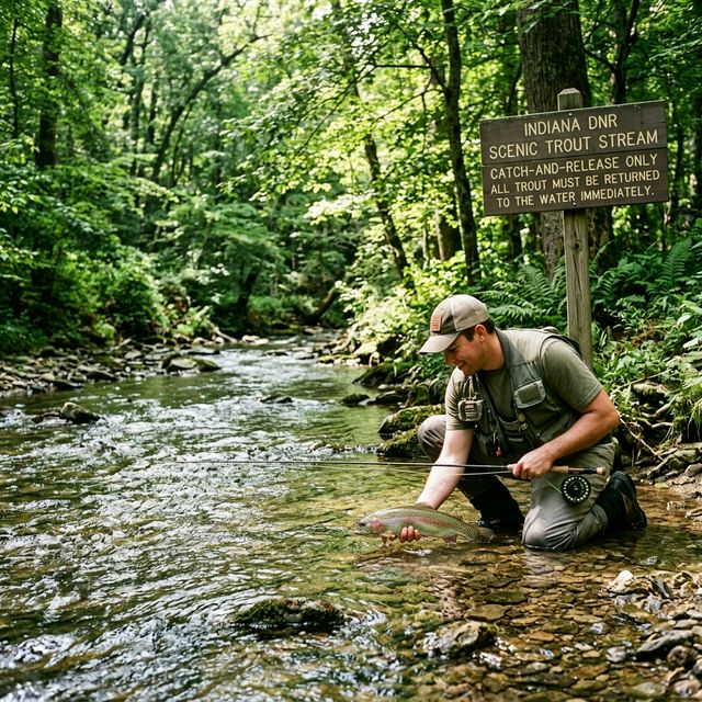 An angler in waders releasing a rainbow trout into a clear Indiana stream near a catch-and-release regulation sign, surrounded by dense green forest with dappled light