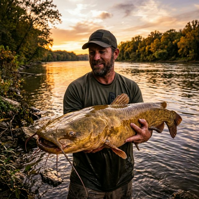 An angler holding a large golden-brown flathead catfish at sunset on the Wabash River in Indiana, with wide river and wooded banks in warm evening light