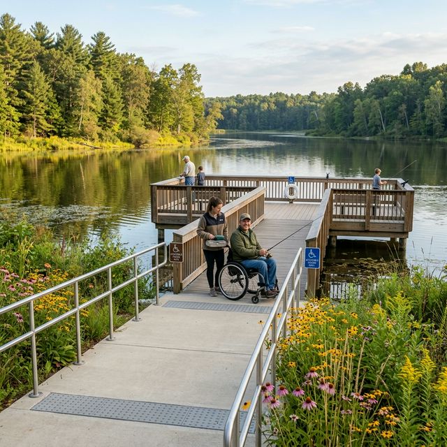 An accessible fishing dock at an Indiana state park with a wheelchair-accessible ramp, wide wooden platform, and wildflowers along the path leading to calm lake water