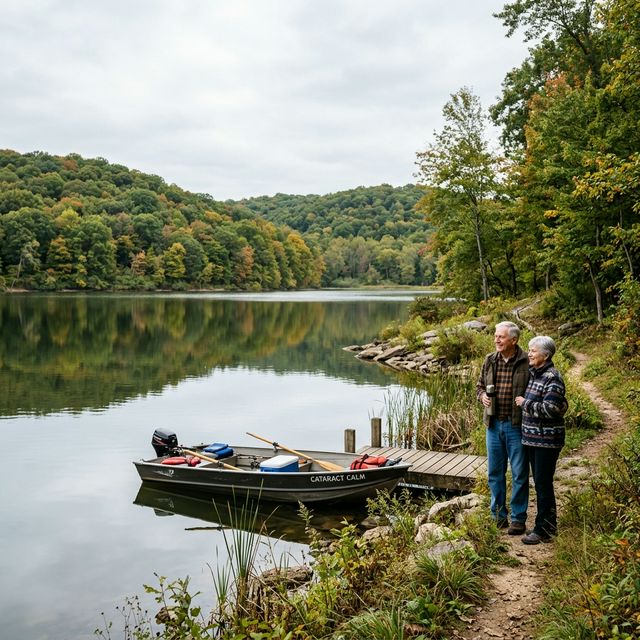 An elderly couple enjoying the view at Cataract Lake, Indiana, with a small fishing boat docked at the natural shoreline and rolling forested hills reflecting in calm water