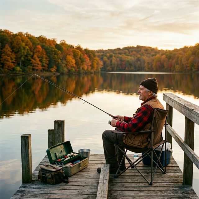 A retired man in a flannel shirt fishing from a wooden pier on Patoka Lake, Indiana, surrounded by brilliant autumn foliage reflecting on calm water