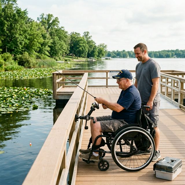 A disabled veteran using a wheelchair-mounted rod holder fishing from an accessible dock on an Indiana lake, with lily pads and calm water in summer morning light