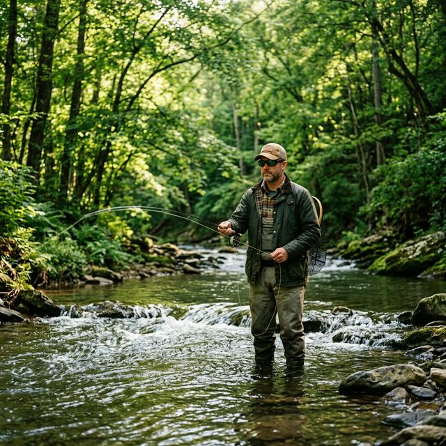 A military veteran fly fishing in a peaceful stream surrounded by lush green forest canopy in the Brown County hills of Indiana, with dappled sunlight filtering through the trees