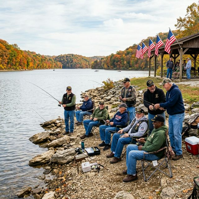 A group of veterans fishing together from the rocky shore of an Indiana reservoir under American flags, some in folding chairs, with autumn foliage on surrounding hills