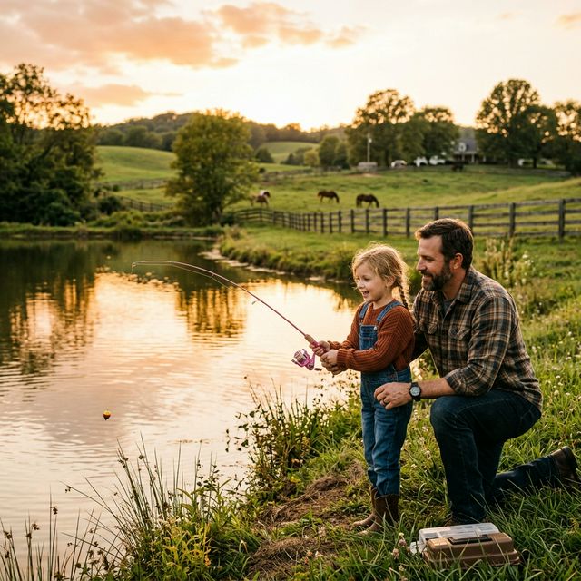 Father kneeling beside his young daughter teaching her to fish at a Bluegrass countryside farm pond with rolling green hills, wooden fence, and horses in the background at golden hour