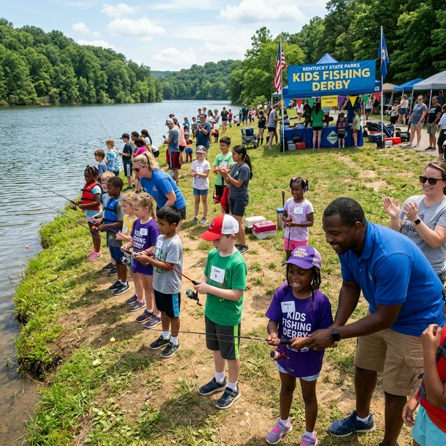 Children ages 5-12 with fishing rods at a Kentucky State Parks Kids Fishing Derby by a lake, parents helping, event tents and banner visible on a sunny summer day