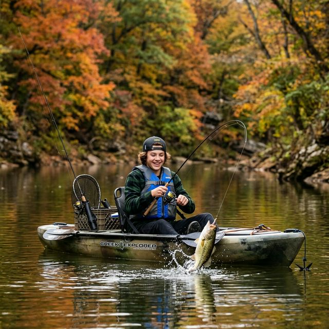 Teenage boy around 14 years old fishing from a kayak on a calm Kentucky creek in autumn, wearing a life jacket, catching a largemouth bass on a spinning rod