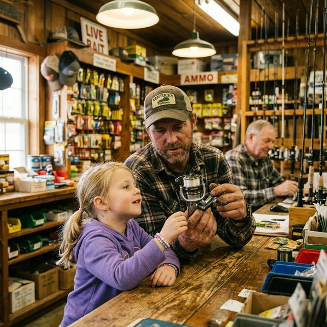 Father and young daughter examining a fishing reel together at a rural Kentucky bait shop counter with shelves of tackle visible