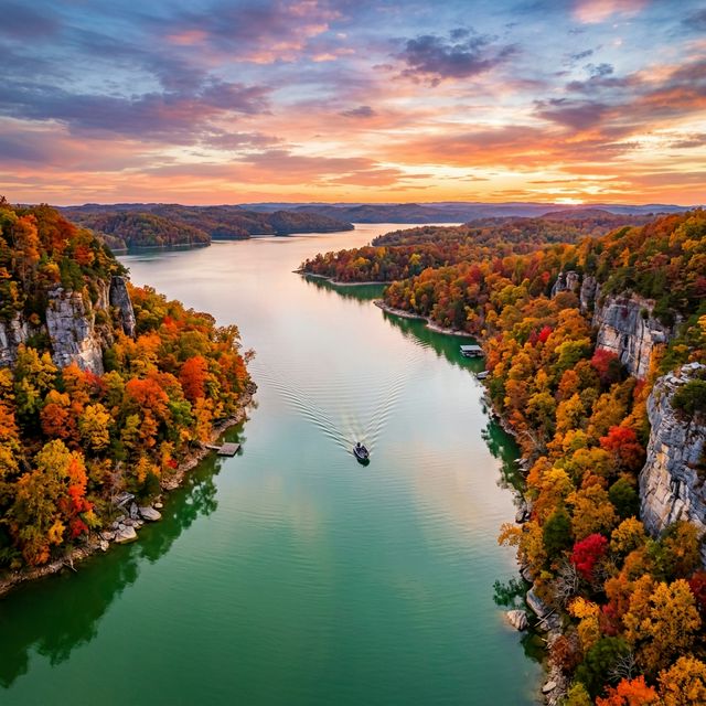 Aerial panoramic view of Lake Cumberland Kentucky in autumn with dramatic limestone cliffs, vibrant fall foliage, emerald green water, and a bass boat creating a wake
