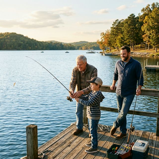 Three generations of a family fishing together from a wooden dock at Kentucky Lake with autumn foliage and gentle shoreline