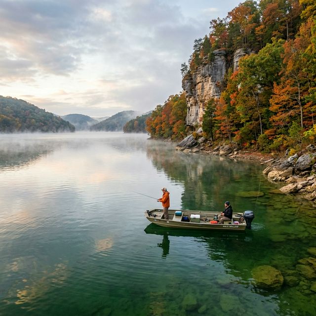 Two anglers fishing from a jon boat on Dale Hollow Lake with limestone bluffs covered in autumn hardwood forest on the Kentucky-Tennessee border