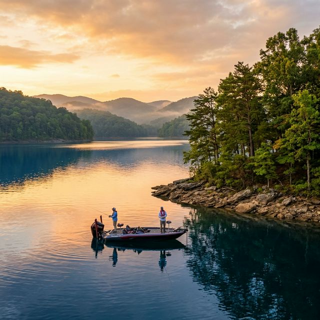 Bass boat with two anglers casting near a rocky point on Lake Cumberland at sunrise with misty Appalachian hills and hardwood forest