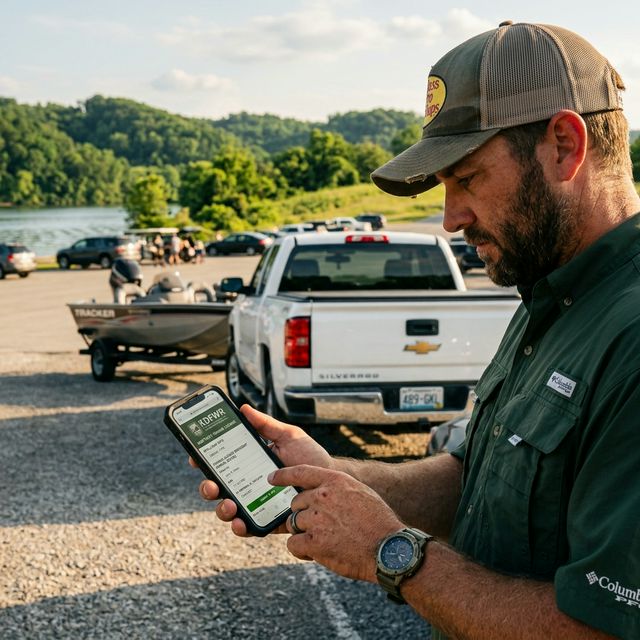 An angler purchasing a Kentucky fishing license on a smartphone at a boat ramp parking lot with a truck and boat trailer and green Kentucky hills in the background