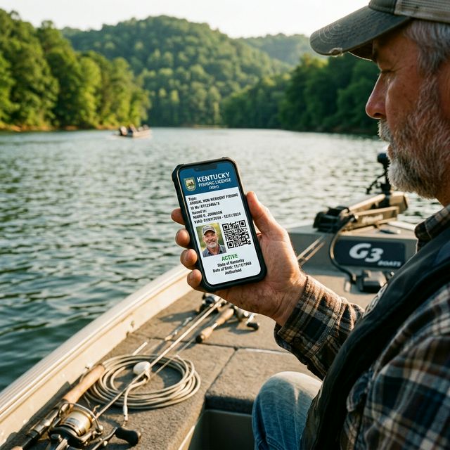 Angler holding smartphone displaying digital fishing license on a Kentucky lake boat with green hills and water in background