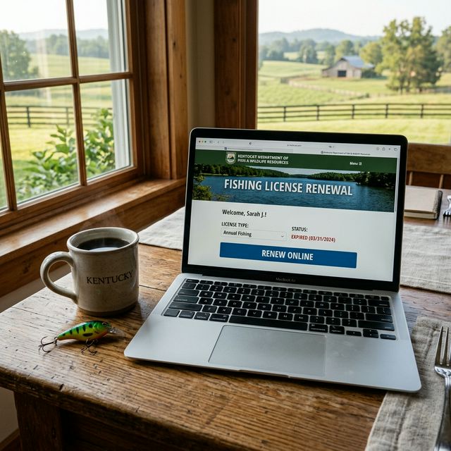 Laptop showing fishing license renewal website on a kitchen table with coffee mug and fishing lure, Kentucky countryside visible through the window