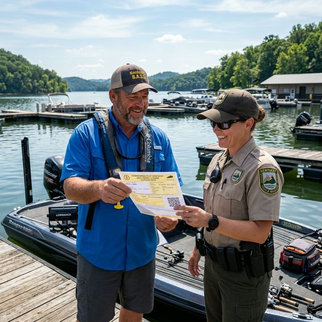 Angler showing printed fishing license authorization to a conservation officer at a Kentucky marina dock with bass boat and lake in background