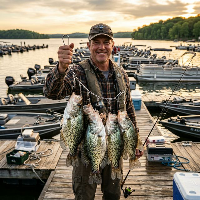 Angler holding up a stringer of large crappie fish at a Kentucky Lake boat dock in golden evening light with boats and marina visible