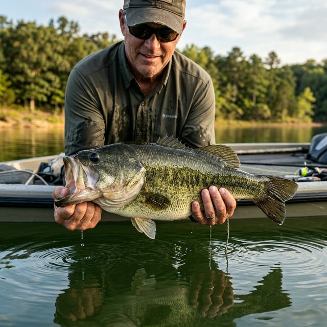 Angler holding a large largemouth bass horizontally at water level on a Kentucky lake with morning sunlight glistening off the fish
