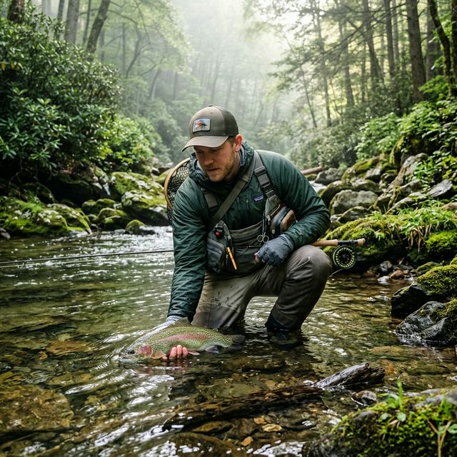 Fly fisherman releasing a rainbow trout into a crystal clear Kentucky mountain stream with moss-covered rocks and morning mist
