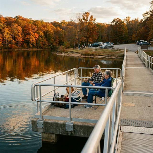 Senior couple fishing together from an accessible concrete fishing pier on a Kentucky state lake with autumn foliage reflected in calm water