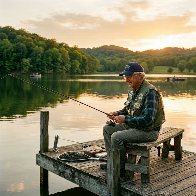 Retired senior angler fishing from a weathered wooden dock on a calm Kentucky lake at golden hour with green rolling hills and hardwood trees