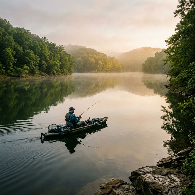 Senior angler in a fishing kayak on misty Green River Lake Kentucky at dawn surrounded by forested hills
