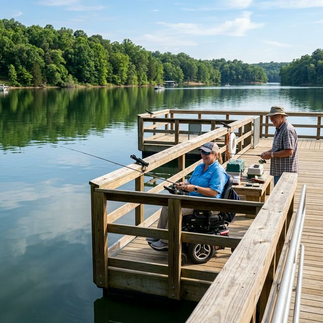 Accessible adaptive fishing dock on a Kentucky lake with a person in a wheelchair fishing from a lowered section with wooden guardrails