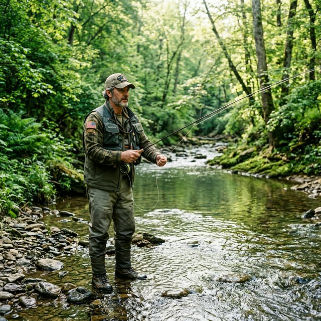 Military veteran in his 40s fly fishing in a peaceful Kentucky creek surrounded by lush green forest with morning light filtering through the canopy